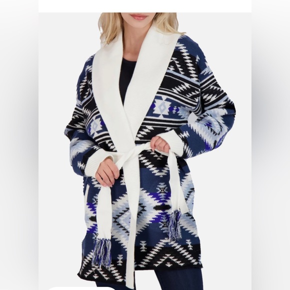 NWT PJ Salvage blue and white Aztec pattern lounging cardigan small - Picture 1 of 10